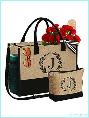 Jute Tote Bag Set with Makeup Bag Monogram Embroidery Zipper